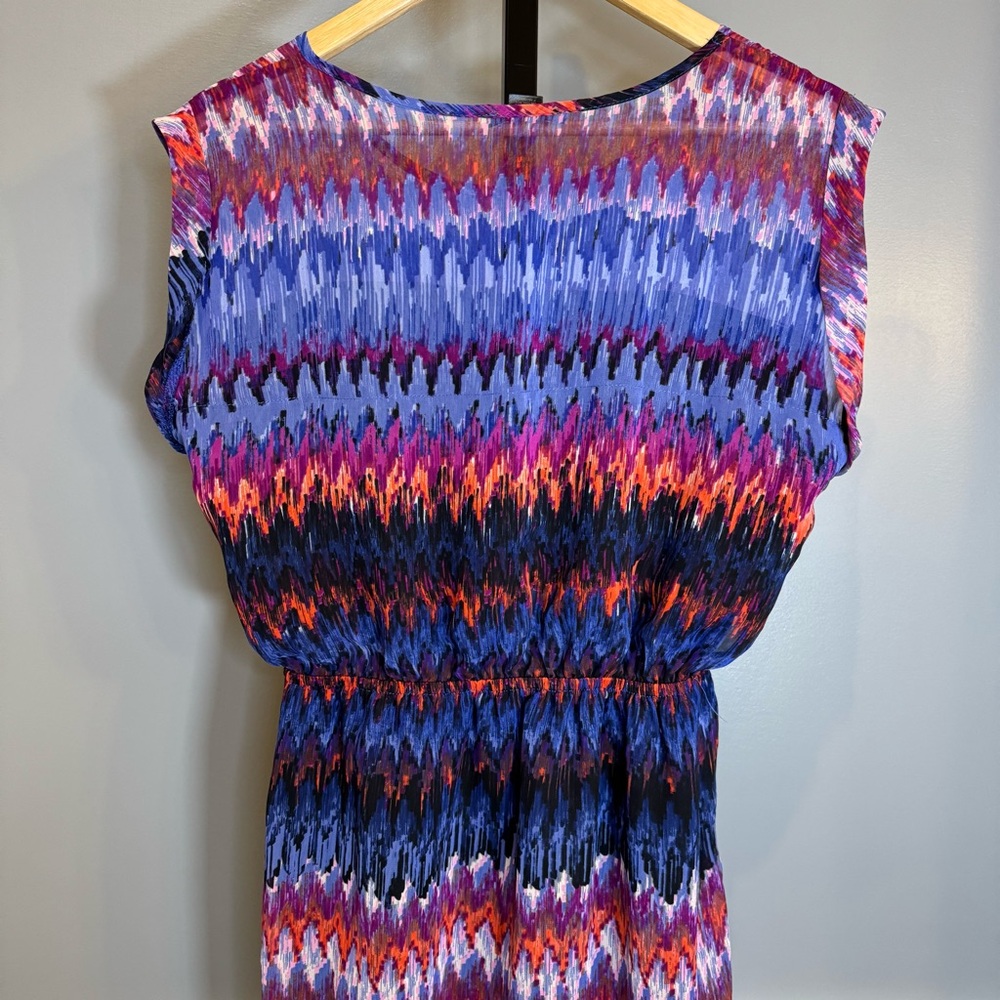 AQUA Ikat Print Dress Medium Multicolor Sheer Overlay Elastic‎ Waist Mini - Picture 6 of 7